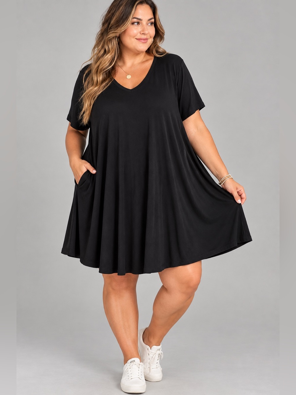 Patrizia Luca Black Swing Dress XL Flowy Stretchy V-Neck A-Line